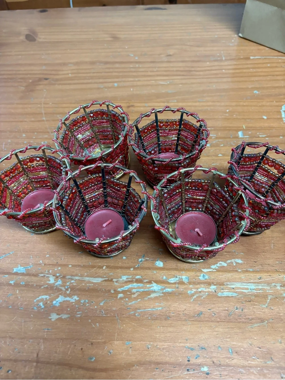 Handcrafted Red Beaded Tea Light Holders - Set of 6